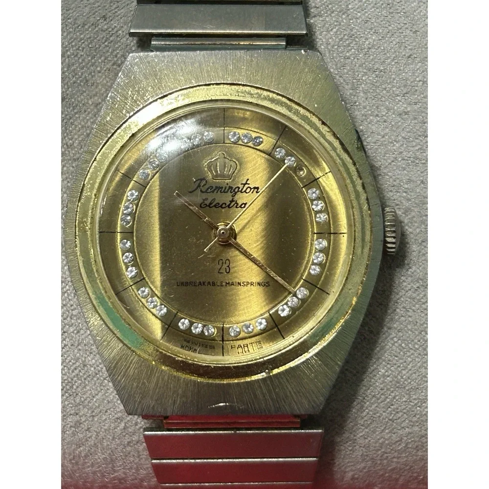 Vintage‎ Remington Electra 23 Unbreakable Mainspring Mens Watch Gold Tone Works